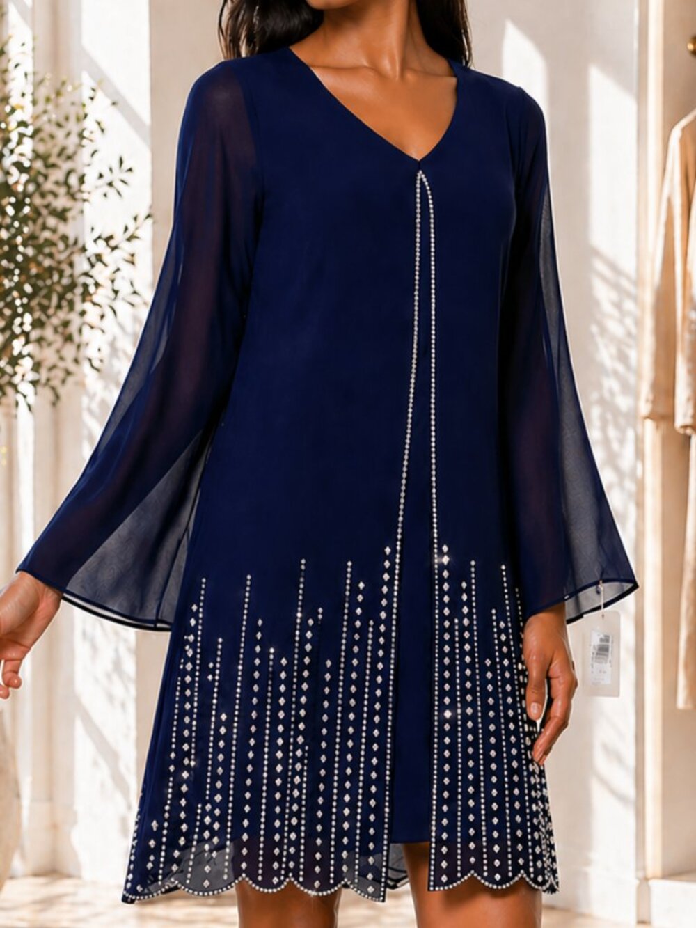 MSK Navy Beaded Hem Shift Dress Size M V-Neck NWT